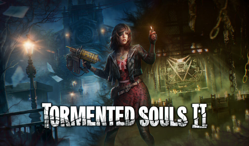 Imagem de capa de Tormented Souls 2 com Caroline Walker segurando uma arma e uma tocha em um cenário sombrio, com cadeias e um altar misterioso ao fundo.