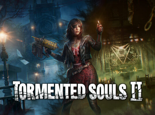 Imagem de capa de Tormented Souls 2 com Caroline Walker segurando uma arma e uma tocha em um cenário sombrio, com cadeias e um altar misterioso ao fundo.