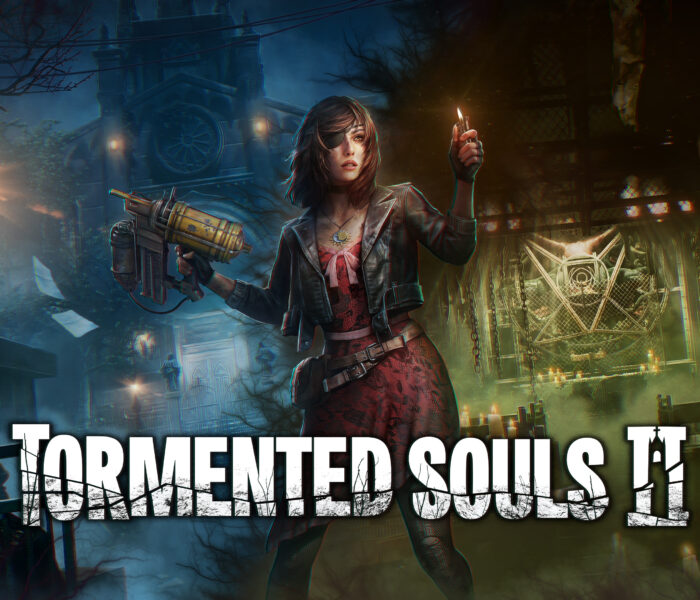 Imagem de capa de Tormented Souls 2 com Caroline Walker segurando uma arma e uma tocha em um cenário sombrio, com cadeias e um altar misterioso ao fundo.