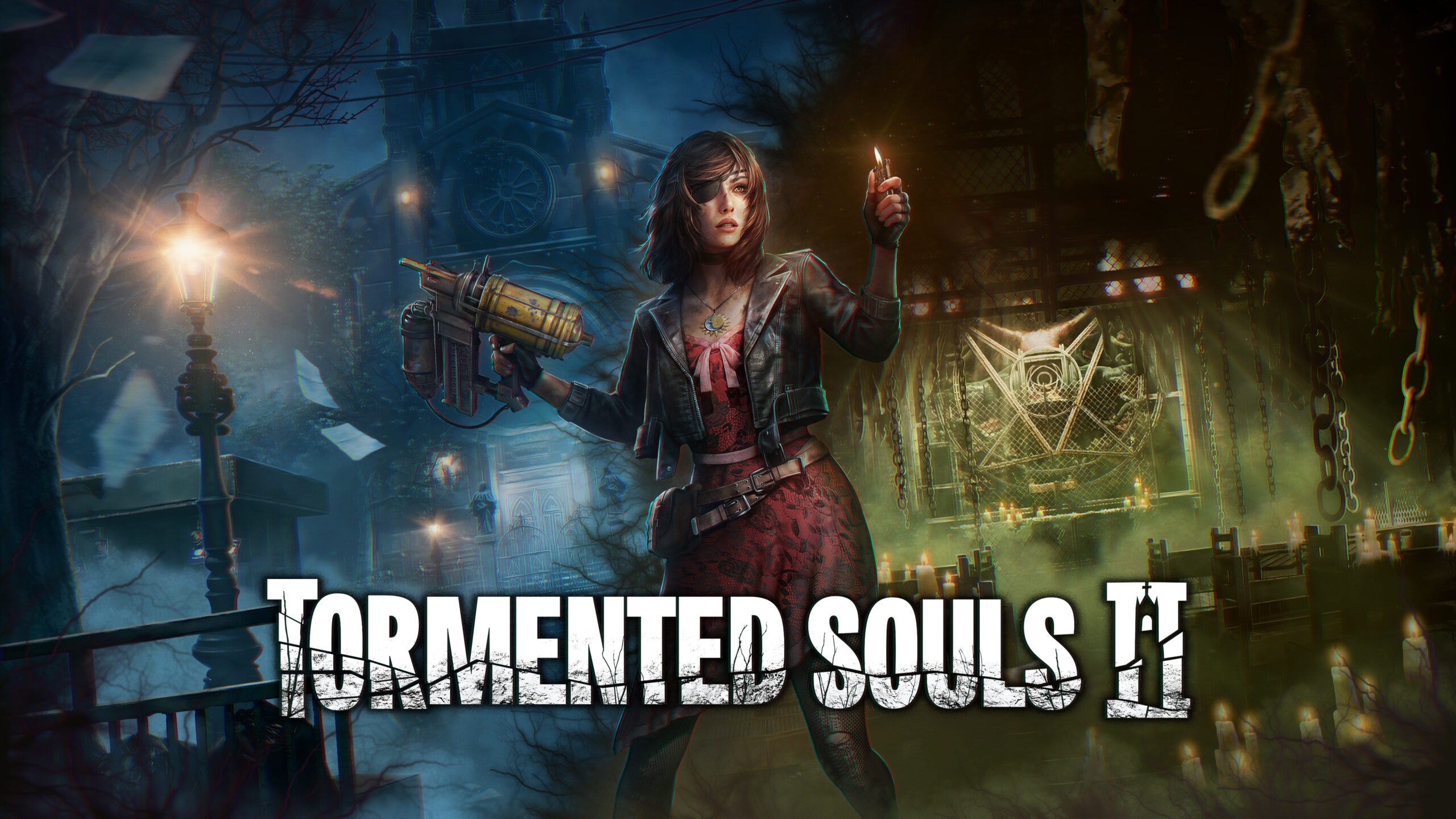 Imagem de capa de Tormented Souls 2 com Caroline Walker segurando uma arma e uma tocha em um cenário sombrio, com cadeias e um altar misterioso ao fundo.